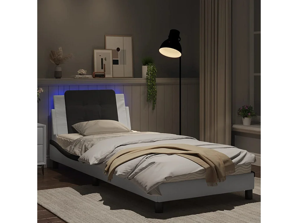 Estrutura cama c/ luzes LED 80x200 cm couro artif. branco/preto