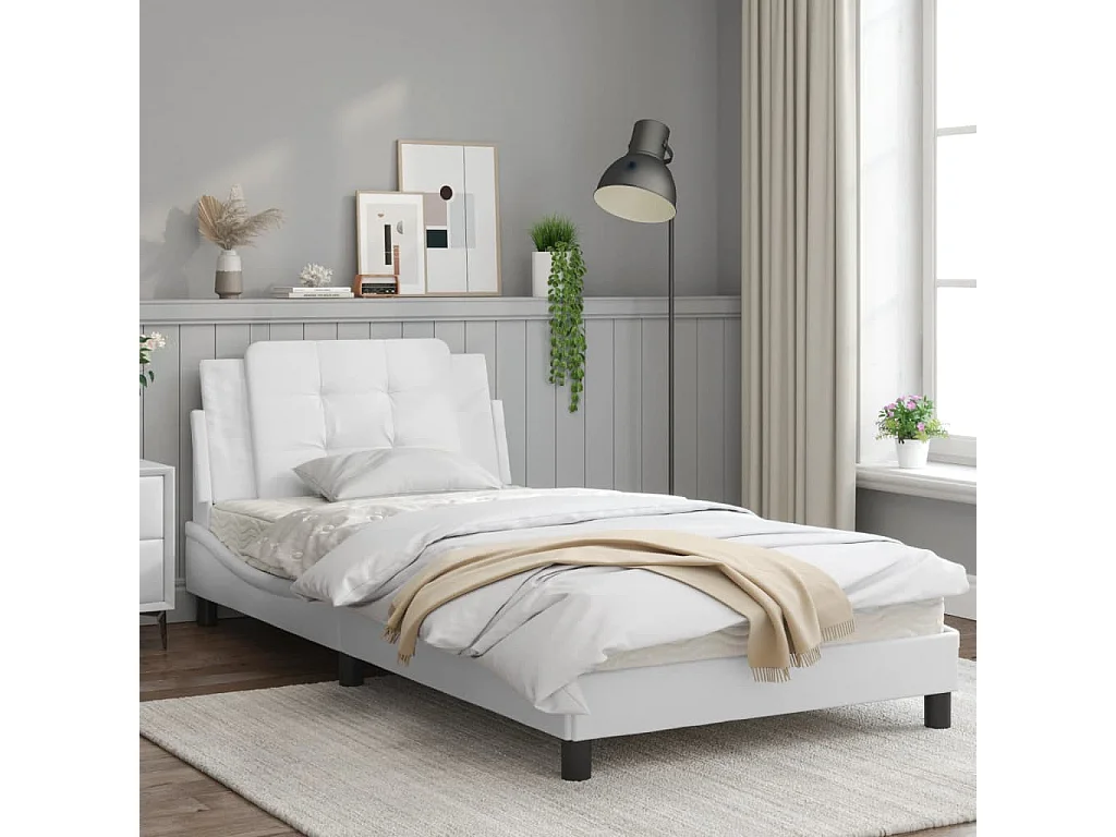 Estrutura cama c/ cabeceira 100x200 cm couro artificial branco