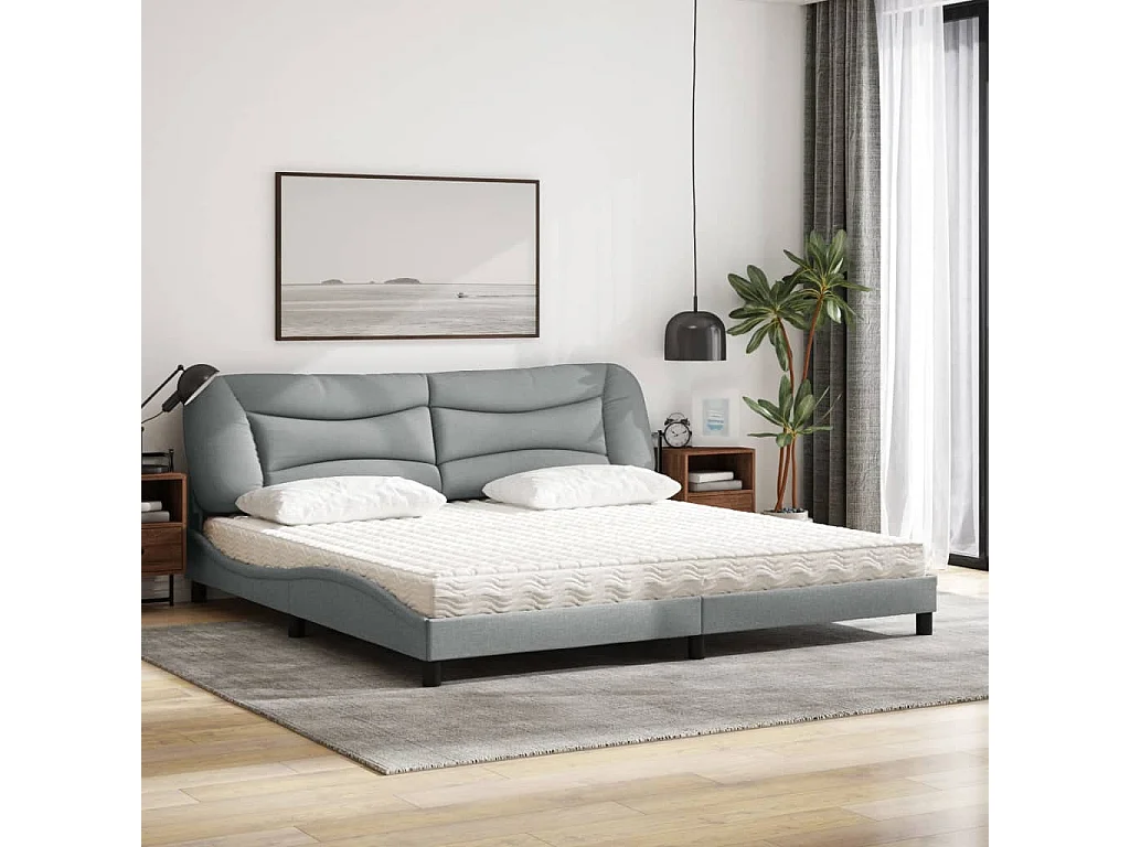 Lit avec matelas gris clair 200x200 cm tissu