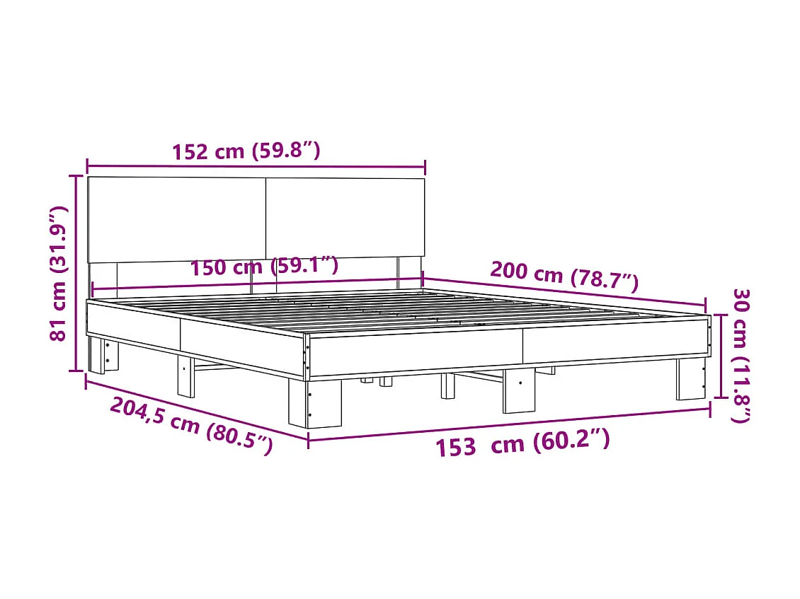 Estructura cama madera ingeniería metal roble ahumado 150x200cm