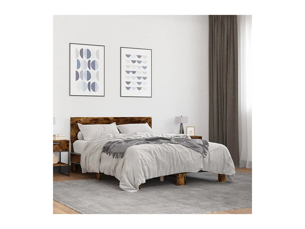 Estructura cama madera ingeniería metal roble ahumado 140x200cm
