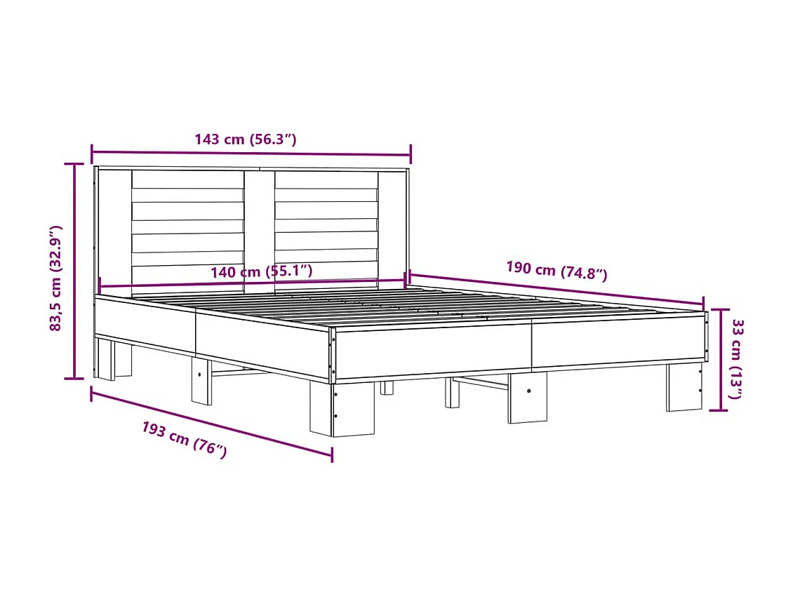 Estructura cama madera ingeniería metal marrón roble 140x190 cm