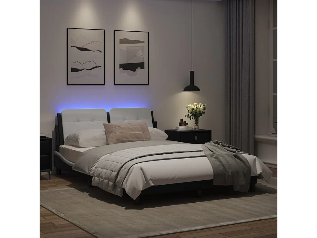 Estructura cama con LED cuero sintético negro blanco 120x200 cm