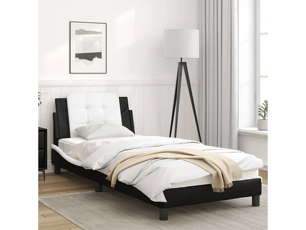 Estructura de cama con cabecero cuero sintético negro y blanco