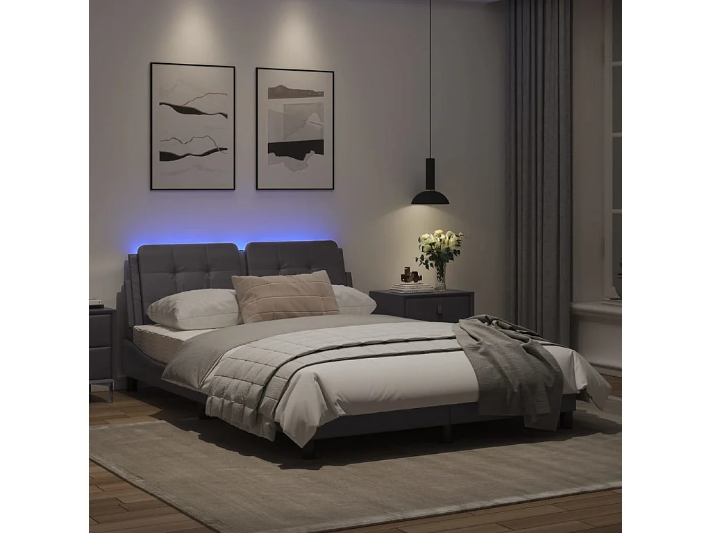 Estructura cama con luces LED cuero sintético gris 140x200 cm