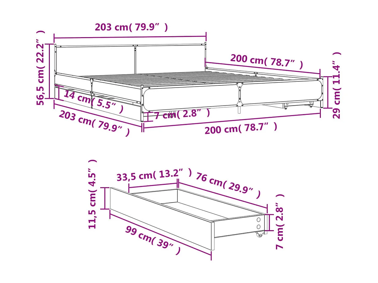 Estructura cama con cajones madera ingeniería negra 200x200 cm