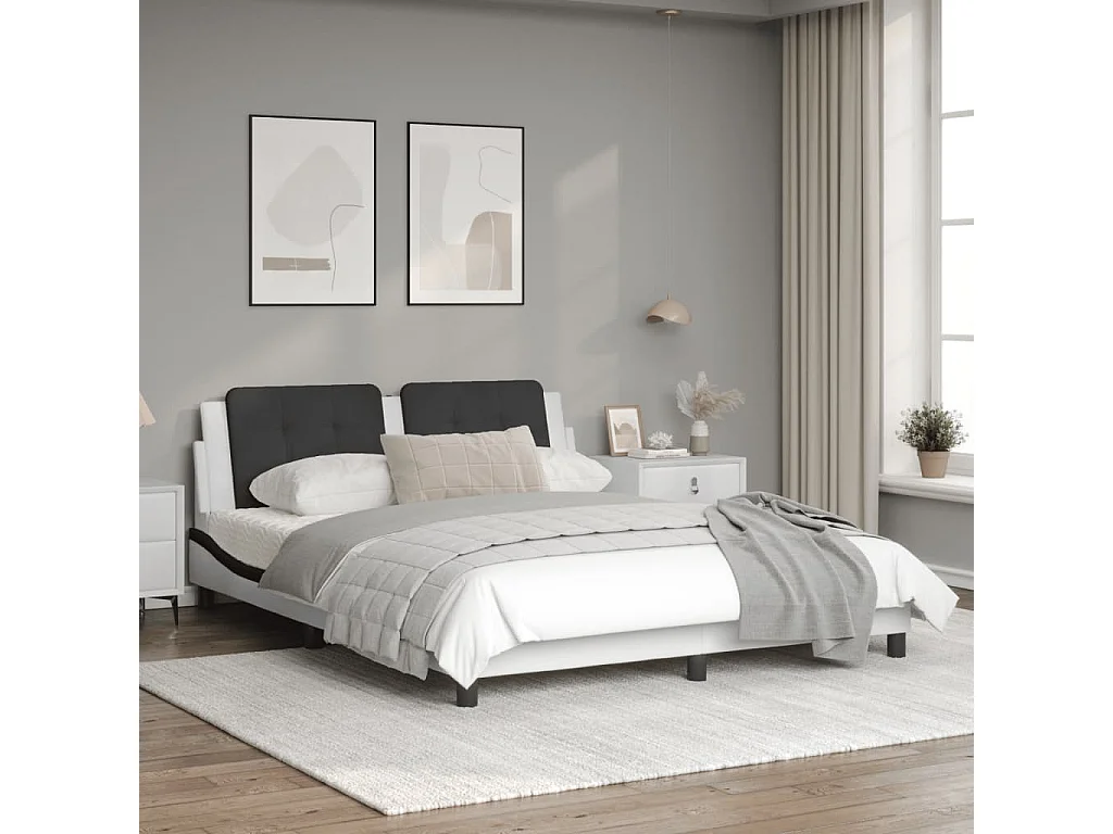 Estructura cama cabecero cuero sintético blanco negro 160x200cm