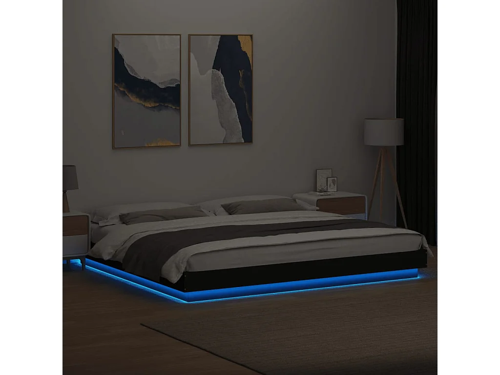 Estructura cama con luces LED madera ingeniería negro 180x200cm