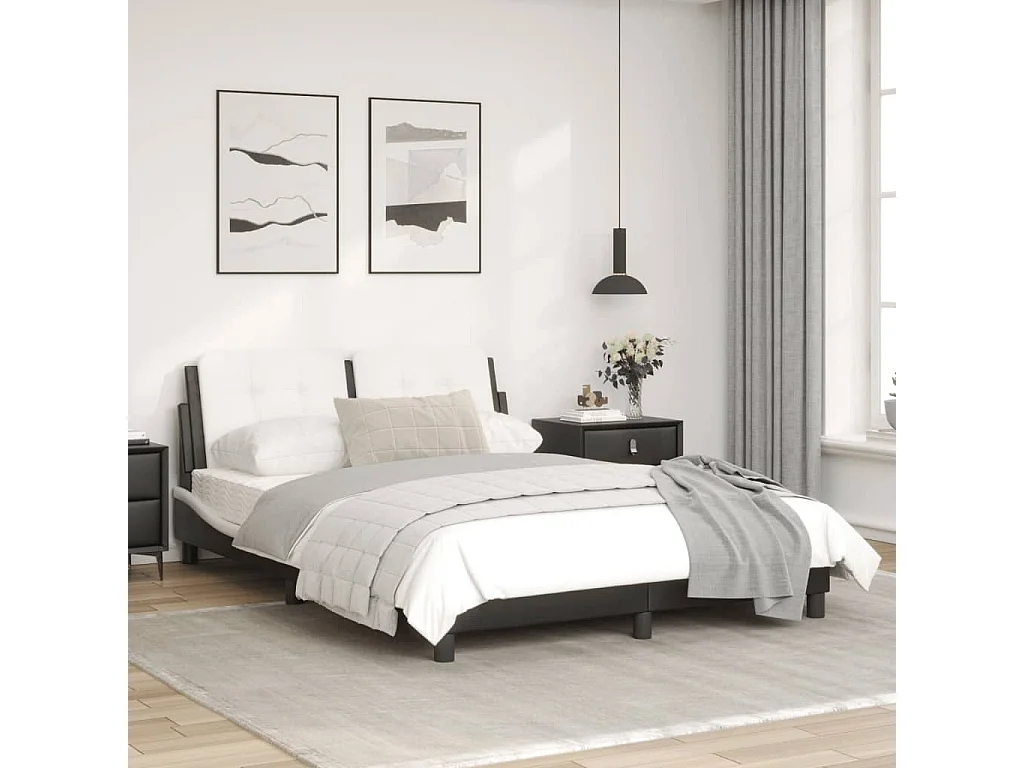 Estructura de cama luces LED cuero PE negro y blanco 140x190 cm