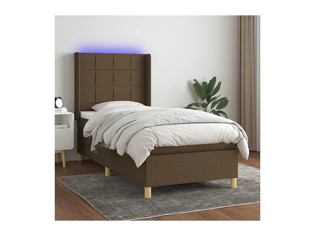 Cama box spring c/ colchão/LED 100x200cm tecido castanho-escuro