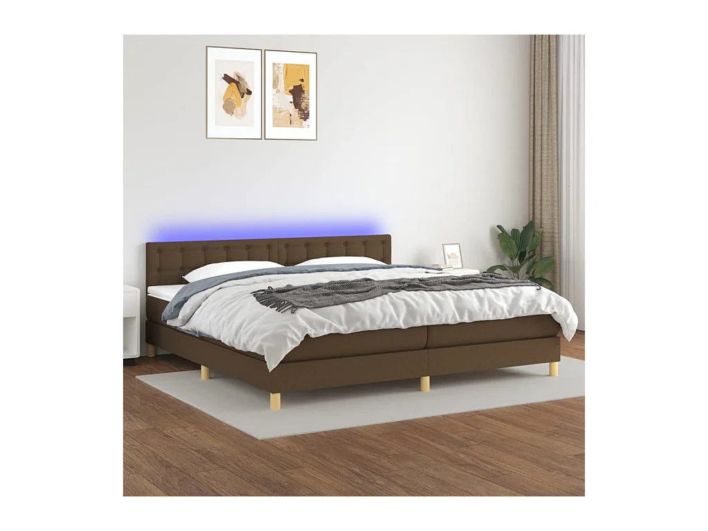 Cama box spring c/ colchão/LED 200x200cm tecido castanho-escuro