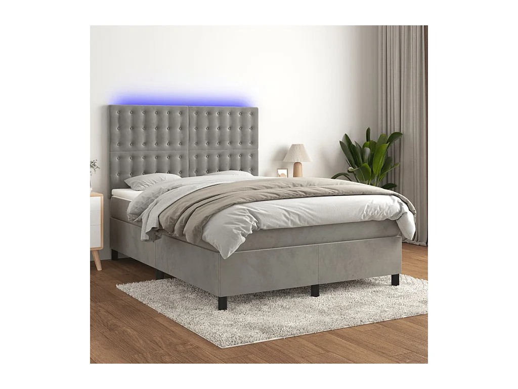 Sommier tapissier matelas et LED Gris clair 140x200 cm Velours