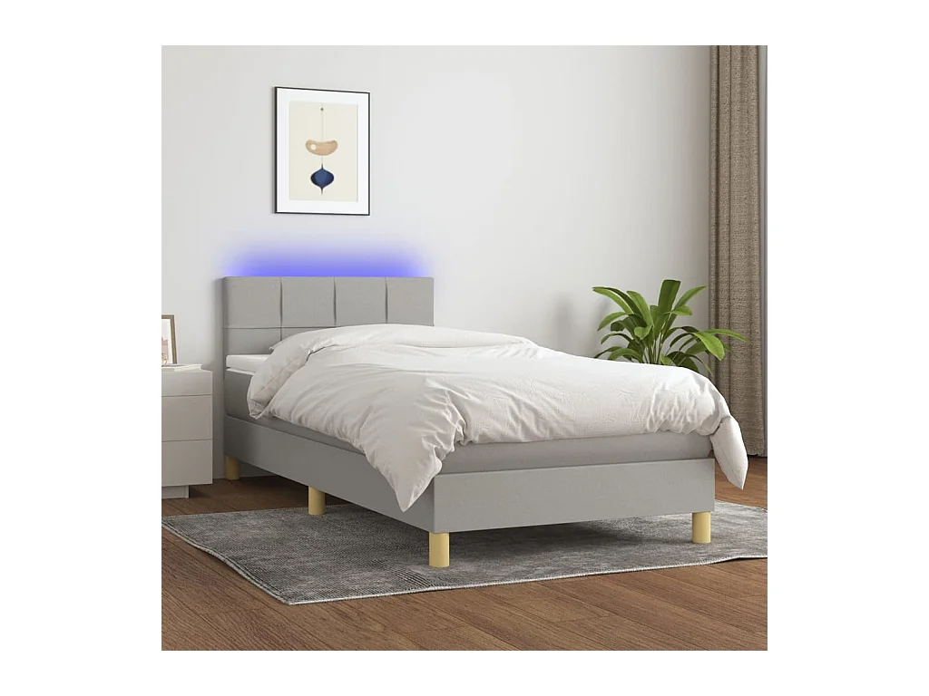 Cama box spring c/ colchão e LED 100x200 cm tecido cinza-claro