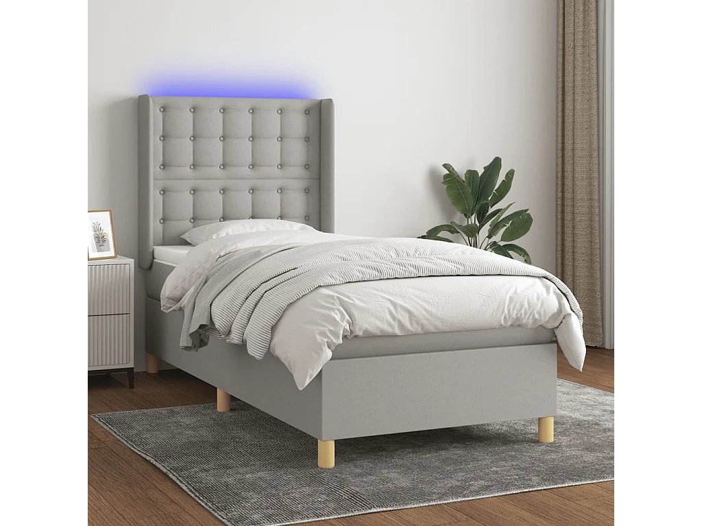 Cama box spring c/ colchão e LED 90x200 cm tecido cinza-claro