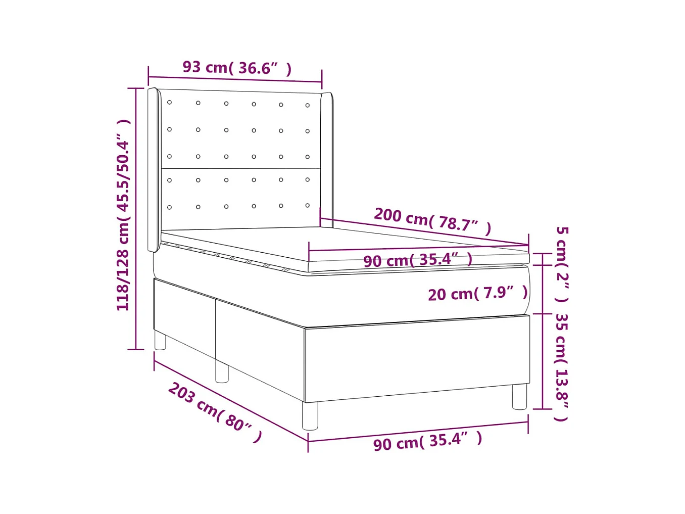 Sommier tapissier avec matelas et LED Gris clair 90x200cm Tissu