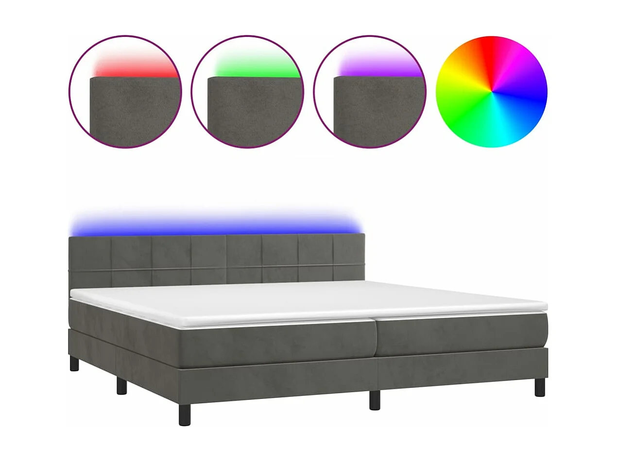 Cama box spring c/ colchão/LED 200x200cm veludo cinzento-escuro