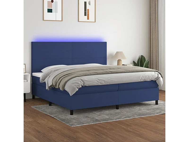 Cama box spring colchón y luces LED tela azul 200x200 cm