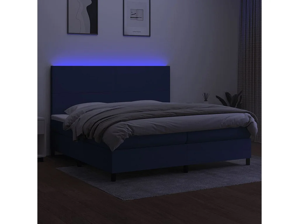 Cama box spring colchón y luces LED tela azul 200x200 cm