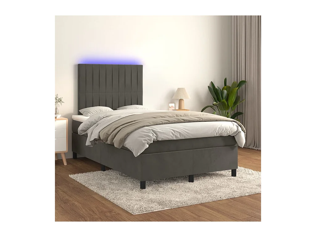 Sommier tapissier matelas et LED Gris foncé 120x200 cm Velours