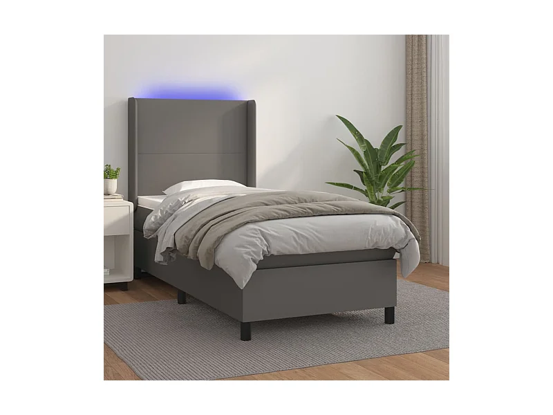 Cama box spring c/ colchão/LED 80x200 cm couro artificial cinza