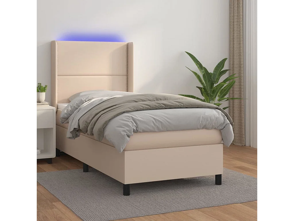 Sommier tapissier matelas et LED Cappuccino 80x200cm Similicuir