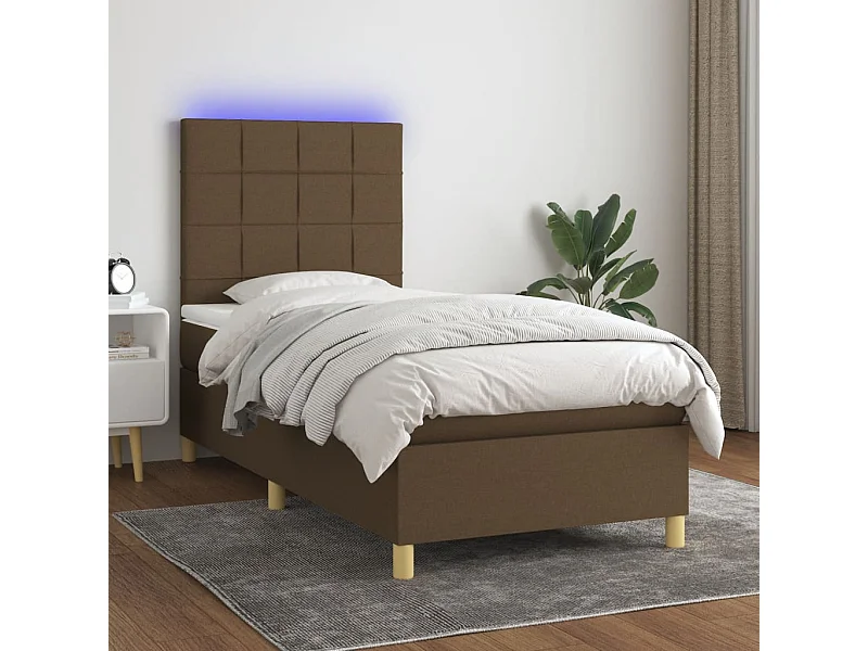 Cama box spring colchón y luces LED tela marrón oscuro 90x190cm