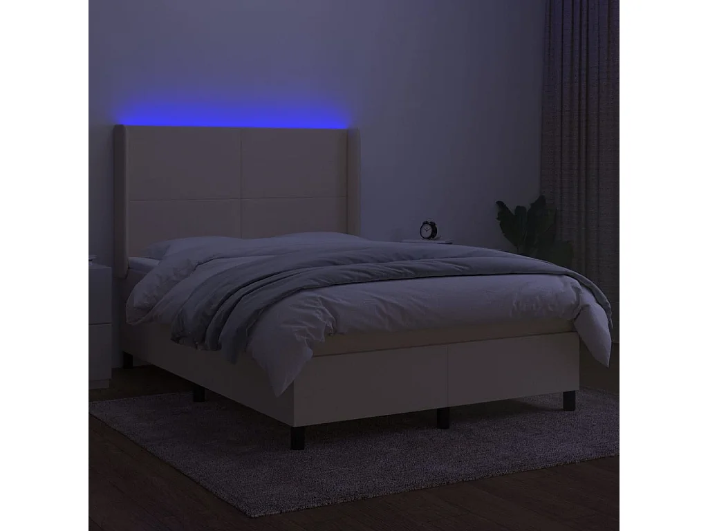 Cama box spring c/ colchão e LED 140x190 cm tecido cor creme