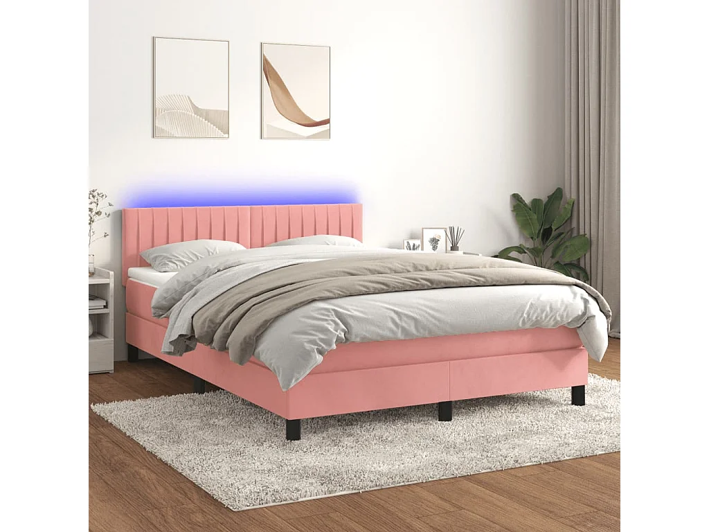 Cama box spring colchón y LED terciopelo rosa 140x200 cm