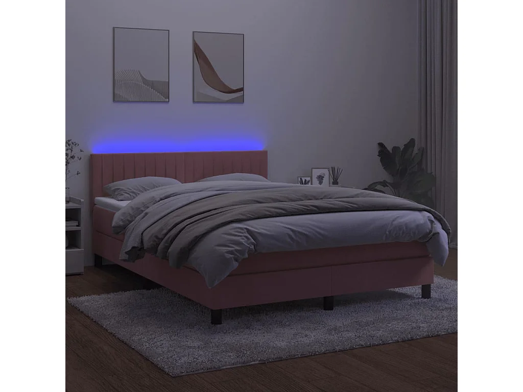 Cama box spring colchón y LED terciopelo rosa 140x200 cm