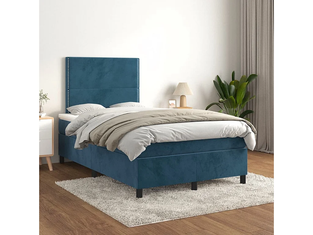 Cama boxspring com colchão 120x190 cm veludo azul-escuro