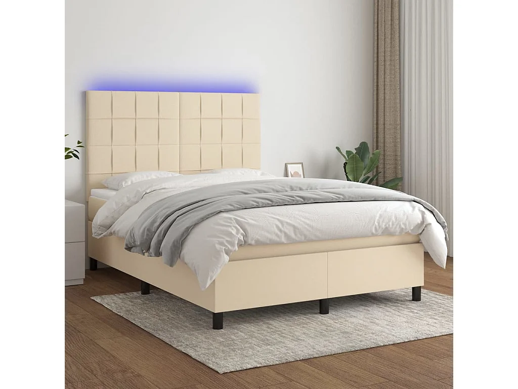 Cama box spring c/ colchão e LED 140x190 cm tecido cor creme