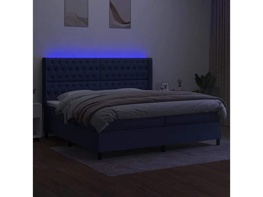 Sommier tapissier et matelas et LED Bleu 200x200 cm Tissu
