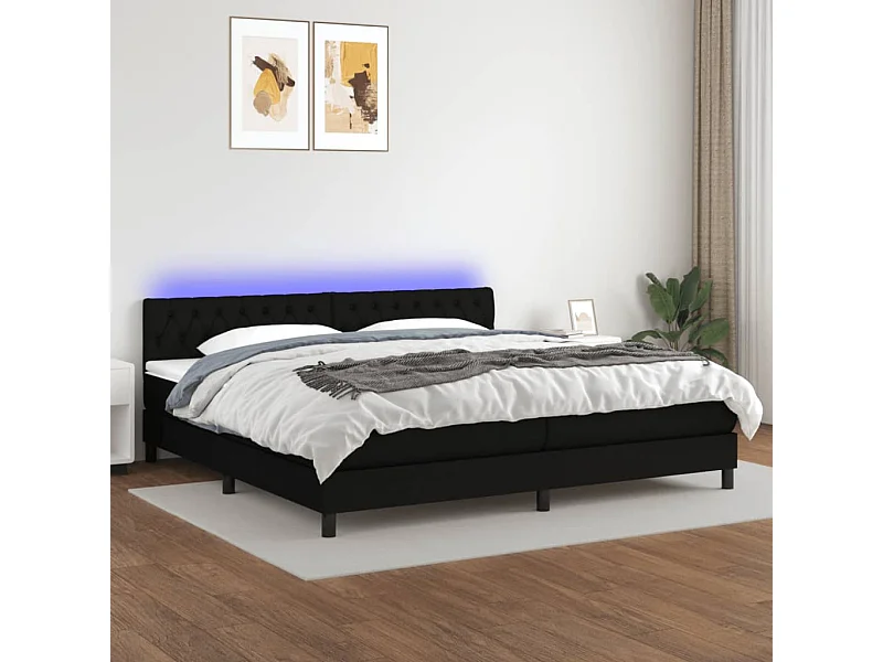 Cama box spring c/ colchão e LED 200x200 cm tecido preto