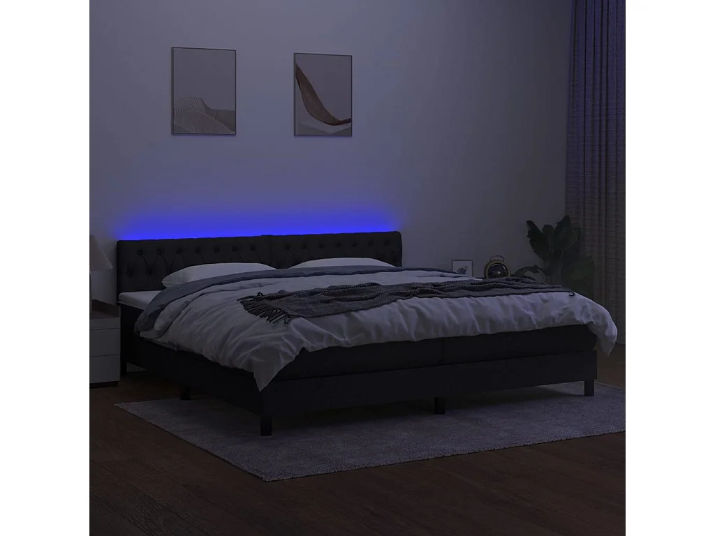 Cama box spring c/ colchão e LED 200x200 cm tecido preto