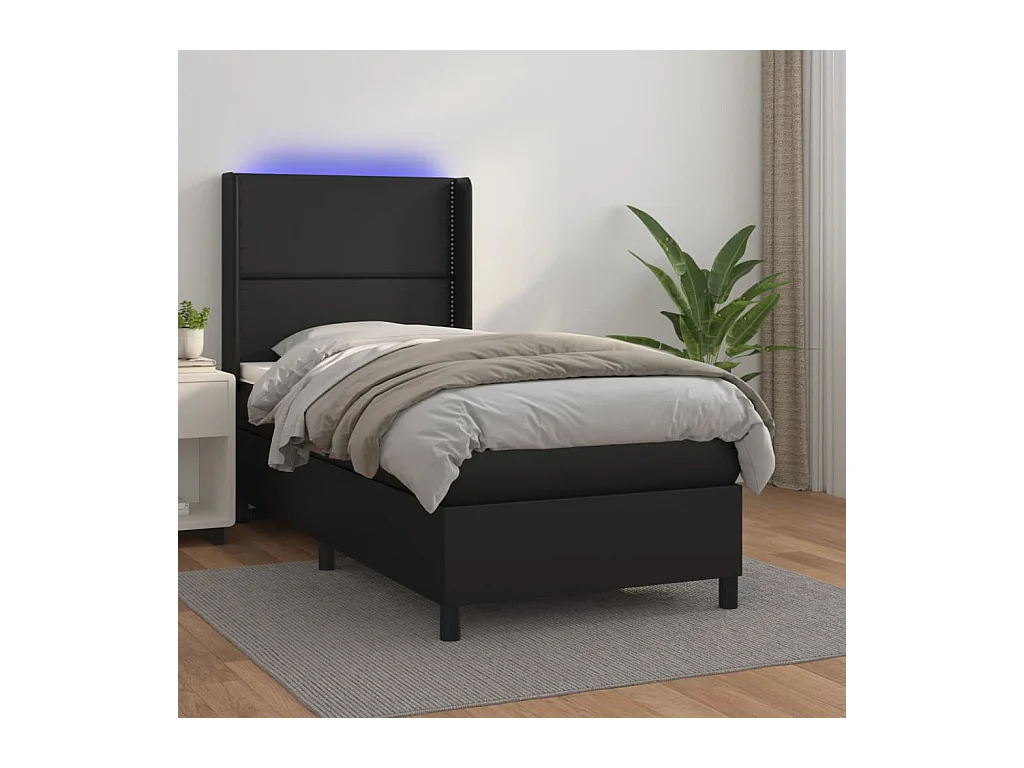 Cama box spring c/ colchão/LED 100x200cm couro artificial preto