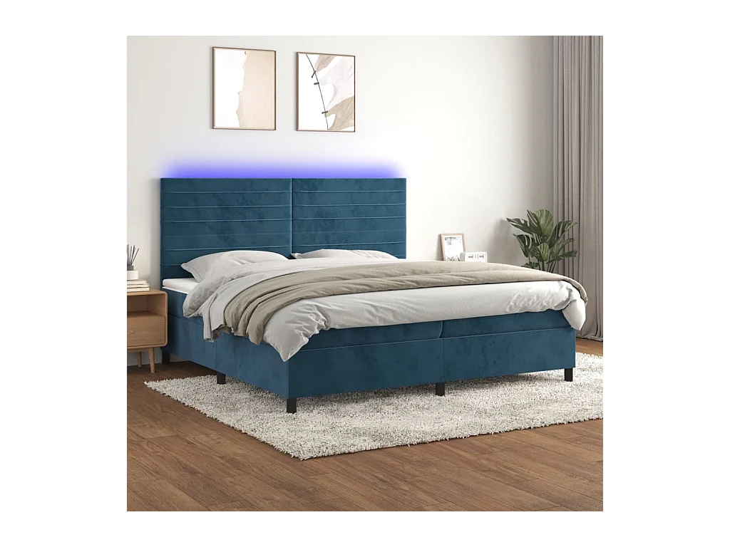 Sommier tapissier matelas et LED Bleu foncé 200x200 cm Velours