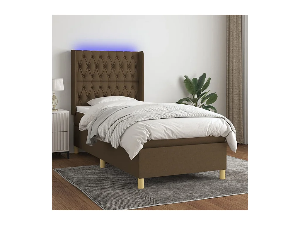 Cama box spring c/ colchão/LED 100x200cm tecido castanho-escuro