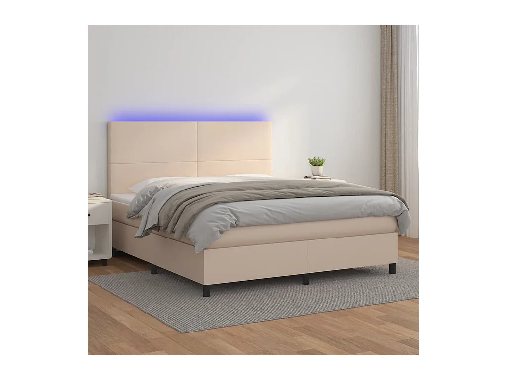 Cama box spring c/colchão/LED 180x200cm couro artif. cappuccino