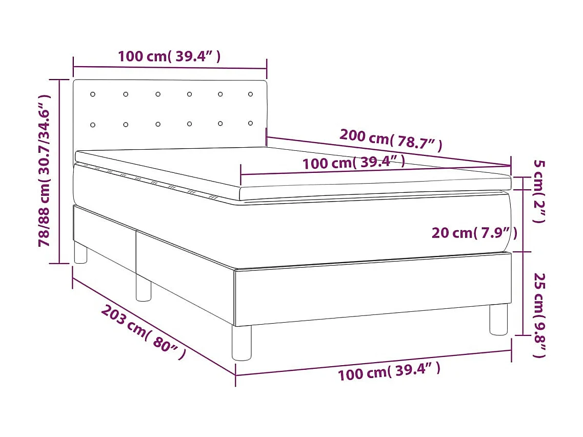 Sommier tapissier et matelas et LED Gris foncé 100x200 cm Tissu