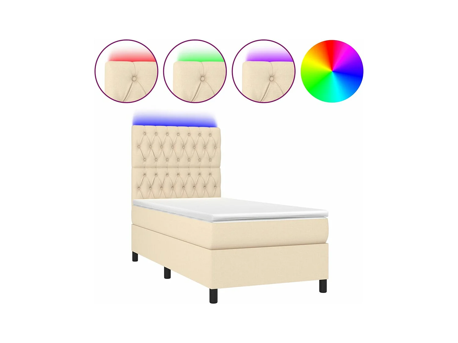 Sommier tapissier avec matelas et LED Crème 100x200 cm Tissu