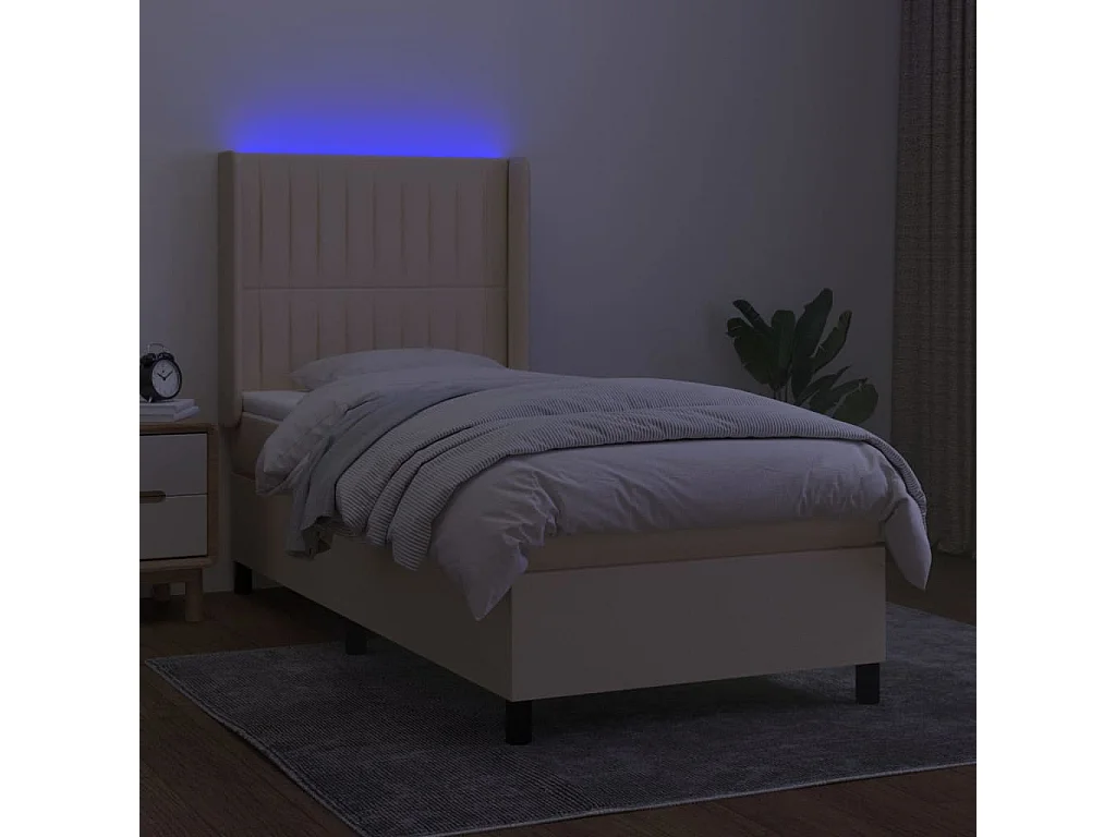Cama box spring colchón y luces LED tela color crema 90x190 cm
