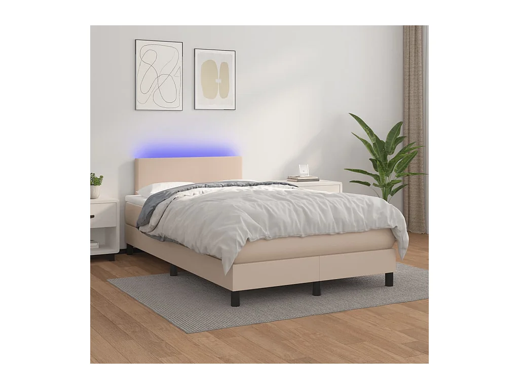 Cama box spring colchón LED cuero sintético capuchino 120x190cm