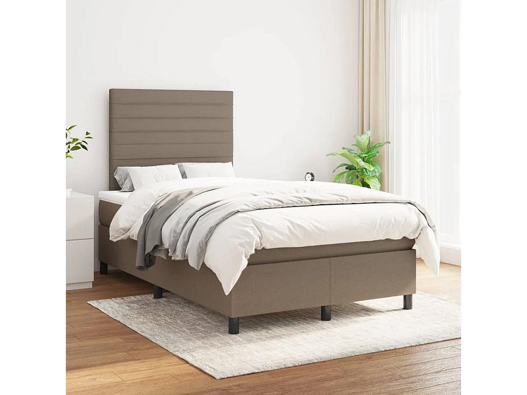 Cama box spring con colchón tela gris taupe 120x190 cm