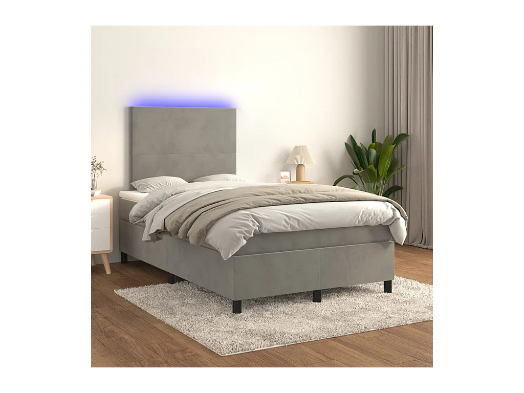 Cama box spring colchón y LED terciopelo gris claro 120x200 cm