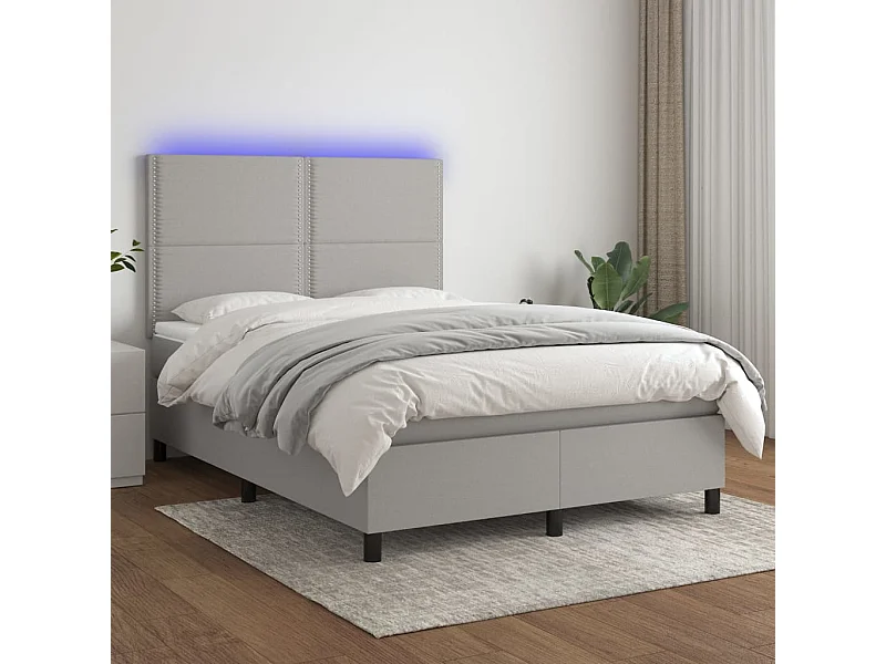 Cama box spring colchón y luces LED tela gris claro 140x190 cm