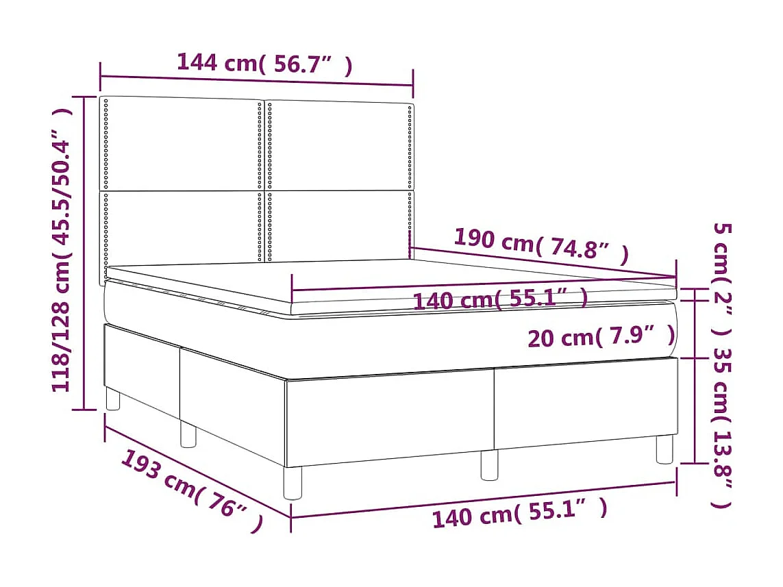 Sommier tapissier et matelas et LED Gris clair 140x190 cm Tissu