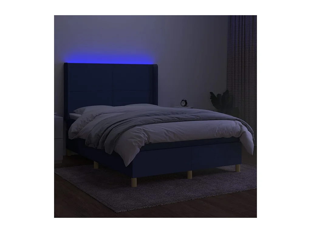 Cama box spring c/ colchão e LED 140x200 cm tecido azul