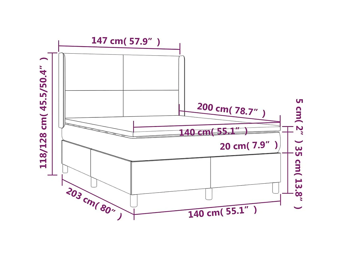 Cama box spring c/ colchão e LED 140x200 cm tecido azul