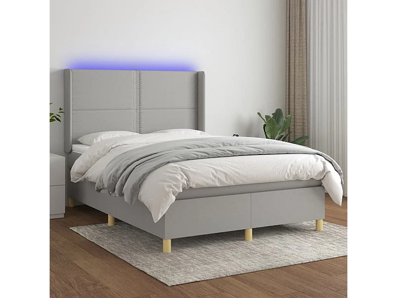 Cama box spring colchón y luces LED tela gris claro 140x190 cm