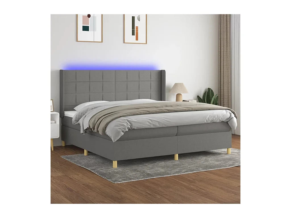 Cama box spring c/ colchão e LED 200x200 cm tecido cinza-escuro